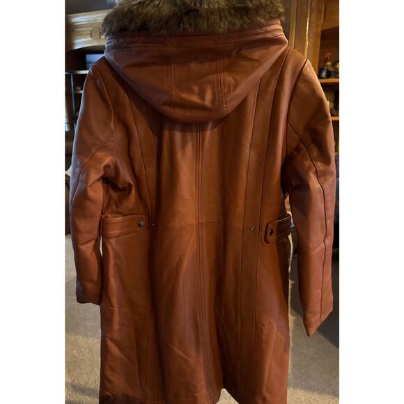 Decrum Women’s Real Leather Hooded Parka Coat Cognac Faux Fur Trim – Size XL NWT - Picture 5 of 12